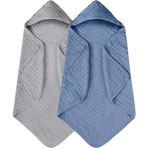 Yoofoss Hooded Baby Towels for Newborn 2 Pack 100% Muslin Organic Cotton Baby Bath Towel with Hood for Babies, Infant, Toddler and Kids, 32x32Inch, Soft and Absorbent Newborn Essential,Grey& Dark Blue
