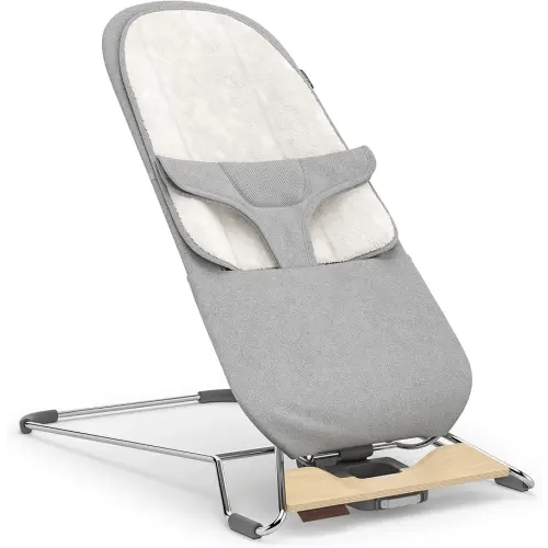 UPPAbaby Mira Bouncer/Portable 2-in-1 Bouncer + Seat Grows with Your Baby/GREENGuard® Gold, JPMA + FSC® Certified/Cozy Seat Liner + Storage Bag Included/Stella (Grey Mélange/Silver Chrome/Maple Wood)