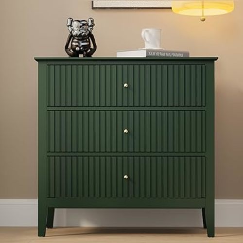 RoyalCraft Fluted 3 Drawer Dresser, Wide Chest of Drawers with Ball Bearing Slide Modern Nightstand Cabinet Wood Dresser with Spacious Storage for Bedroom, Hallway, Living Room, Entryway, Green