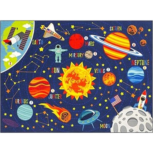 KC Cubs 8x10 Outer Space Solar System Toy Car Road Rug – Educational Play Mat Carpet for Kids, Toddlers, Nursery, Classroom, Playroom, Baby Daycare