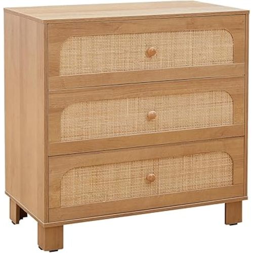 3 Drawer Dresser,Rattan Dresser for Bedroom, Mid-Century Modern Nightstands Organizer Dresser for Closet Hallway,Entryway, Natural Brown