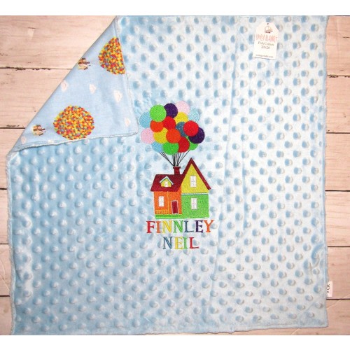Adventure Minky and Flannel Lovey, Balloon House Personalized Mini Blanket, Baby/Toddler Security Blanket