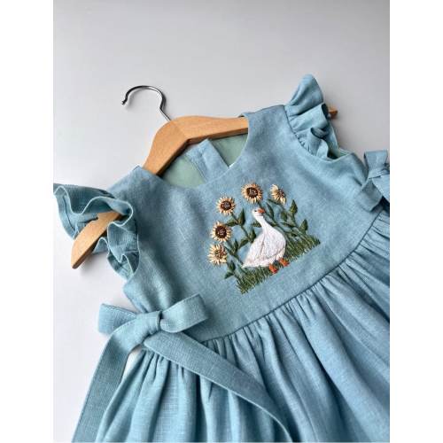 Dress with Goose with Sunflowers Embroidery, Girls Soft Linen Dress, Toddler Linen Dress, First Birthday Girl Dress, Dress for Girls