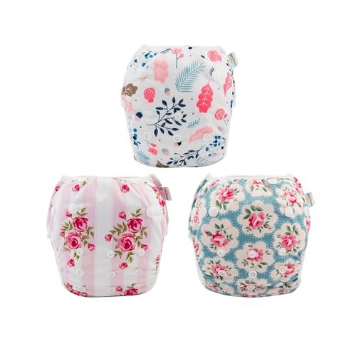 Babygoal Reusable Baby Girl Swim Diapers 3 Pack - Adjustable Washable for 0-8 Months Infants - Ideal for Swimming Lessons - Flower Design