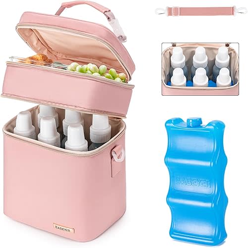 Breastmilk Cooler Bag with Ice Pack Fits 6 Baby Bottles Up to 9 Ounce, Double Deck Leak-Proof Baby Bottles Bag with Shoulder Strap for Nursing & Working Mom, Pink