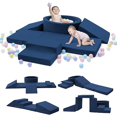 Elftopia Foam Climbing Blocks with Ball Pit & Stairs for Toddlers Aged 1-3 -Soft Playset for Indoor Crawling, Foam Playground Set for Baby to Active Playing Inside -(Balls NOT Included),Navy