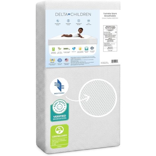 Delta Children Twinkle Stars Crib and Toddler Mattress with Breathable, Removable Machine-Washable Cover - GREENGUARD Gold - Waterproof Baby Bed - Sustainably Sourced Fiber Core - 52”Lx27.5”W, White
