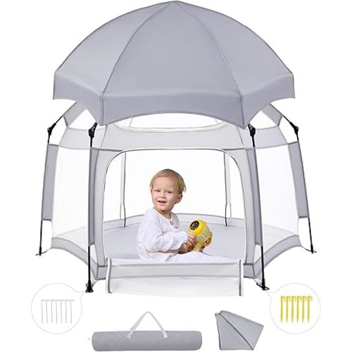 Babelio Pop up Baby Tent, Travel Playpen for Babies, Indoor and Outdoor, Portable/Foldable Play Yard W/Canopy, Travel/Nap, Sun Protection, One-Touch Storage- Light Grey