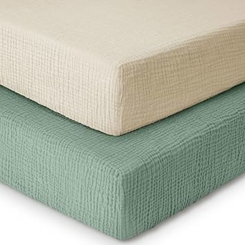 Yoofoss Muslin Crib Sheets for Boys Girls 100% Cotton Fitted Baby Crib Sheet 2 Pack Soft and Breathable for Standard Crib Mattress & Toddler Mattress 52"x28" Apricot&Green