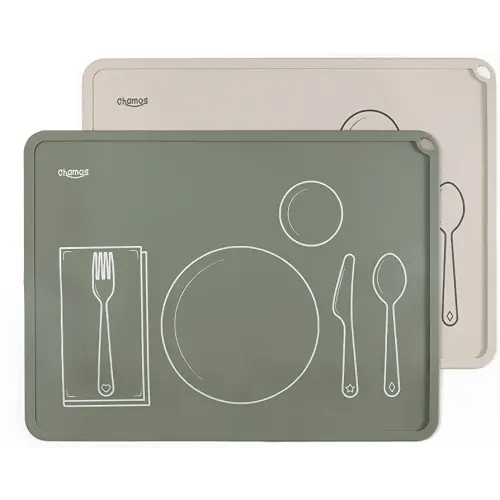 CHAMOS Montessori Placemat for Toddlers - Kids Silicone Mats for Dining Table - Set of 2 - Table Setting Learning (Sage and Beige)