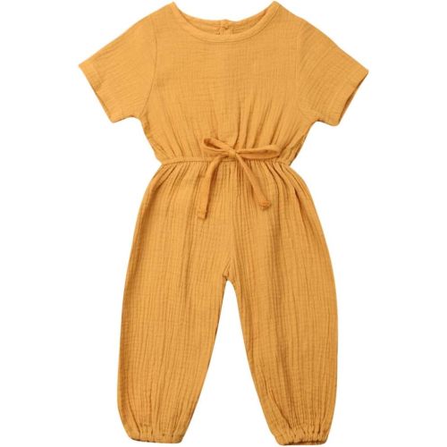 Mubineo Toddler Baby Girl Summer Fall Basic Plain Short Sleeve Cotton Linen Drawstring Romper Jumpsuit - Mustard Yellow - 6-12 Months