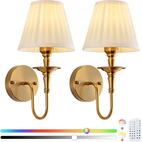 EIDISUNY Vintage Wall Sconces, Wireless Wall Sconce Set of 2 with RGB Rechargeable Dimmable Bulbs, Brass-Color Battery Operated Wall Sconce with Remote for Bedroom, Living Room, Hallway