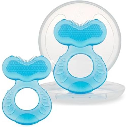 Nuby Soft Silicone Teether with Massaging Bristles | 2 Pack: Blue | 3m + | Travel Case Included
