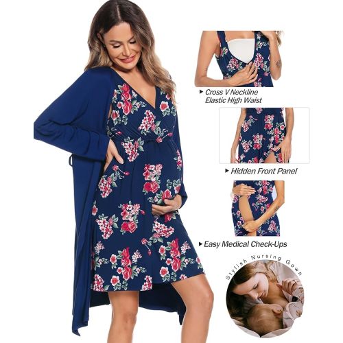 SWOMOG Women Maternity Nursing Gown and Robe Set 3 in 1 Labor Delivery Nursing Nightgown for Breastfeeding Hospital Bathrobe - Blue & Red Flower - Medium