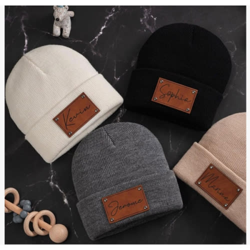 Custom Toddler Baby Beanies, Mama Mini Matching Hats, Leather Patch Baby Knit Hats, Winter Beanies for Infant, Kids Adults