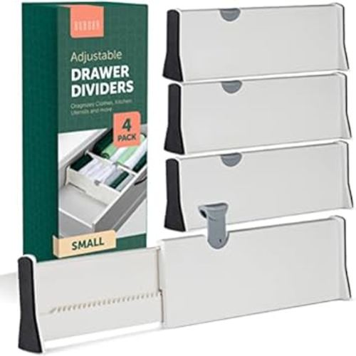 Drawer Divider Set of 4, Adjustable Length 11" - 17" Drawer Organizers, Locks in Place, Easy-Assemble, Secured, Foam Ends, for Bedroom, Bathroom, Kitchen & Office Organization and Storage