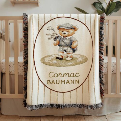 Personalized Bear Baby Blanket Golf Teddy Bear Baby Blanket Vintage Teddy Bear Sports Baby Blanket Golf Nursery Blanket Bear Woven Blanket