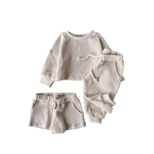 Linen waffle set / sweater + shorts + sweatpants