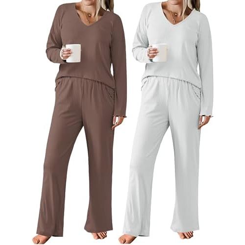 Ekouaer 2 Pack:Womens Ribbed Knit Pajama Set with Pockets Long Sleeve PJs V Neck Soft Loungewear Loose Matching Outfits Set