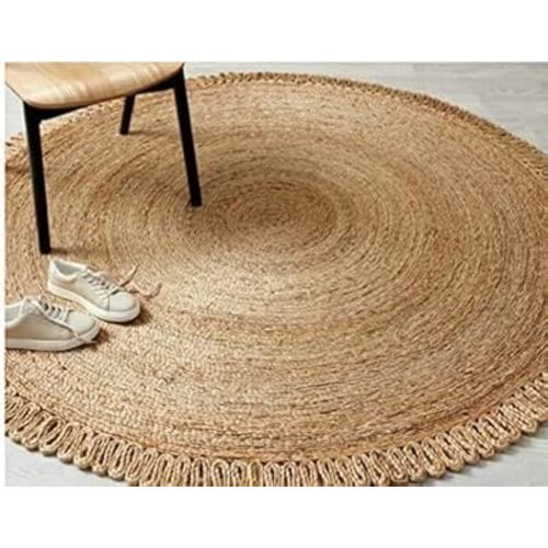 GRUHUM Handwoven 7ft Jute Area Rug Natural Fiber Round Boho Farmhouse Rustic Vintage Soft Braided Reversible Eco Friendly Rugs for Indoor Outdoor Kitchen Bedroom Living Room Hallways (7' ft Round)