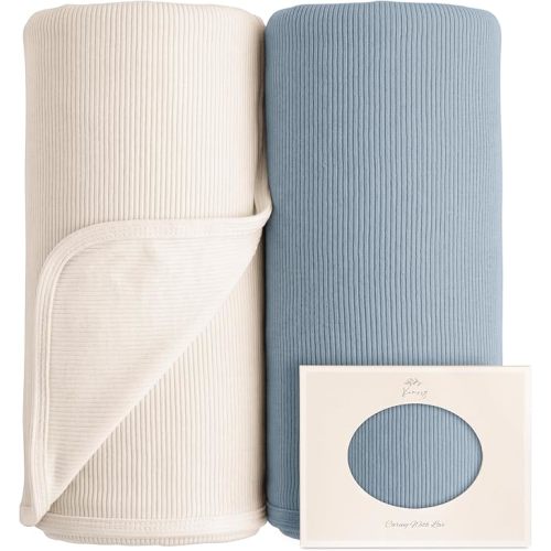 Konssy 2 Pack Ribbed Knit Swaddle Blankets for Baby Boys & Girls, 33" x 42" | Soft & Stretchy Knit, Lightweight & Cozy, Perfect for Swaddling, Receiving & Stroller, Newborn to Toddler (Blue,Beige)