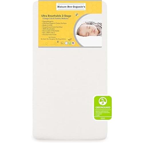 Nature Bee Organic's 2-Stage Ultra Breathable Premium Crib & Toddler Mattress I 100 Hypoallergenic I GreenGuard Gold Certified I 6" Thick Plush Support I 100% Breathable
