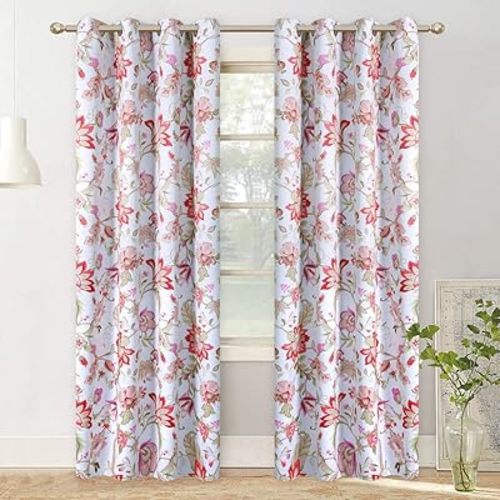 Blackout Farmhouse Branch Blossom Floral Curtains Grommet Top Room Darkening Drapes for Bedroom, Living Room, Dining Room, Pink, 52 by 96 inch, 1 Panel
