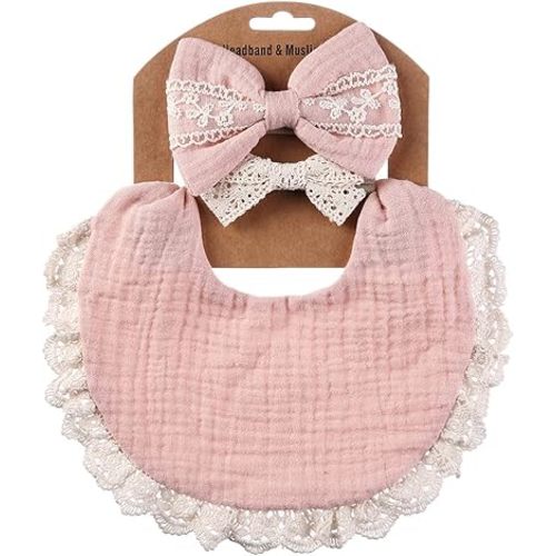 Muslin Baby Bibs Drool Teething Bibs Headband Set Drool Cloths Bibs 4-Layer Organic Cotton Lace Waterproof for Girls, Type 4