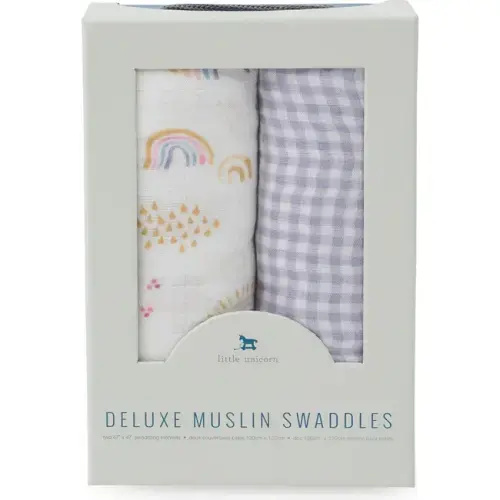 Cotton Muslin Swaddle Blanket 2 Pack, Rainbow Gingham Set - Little Unicorn | Maisonette