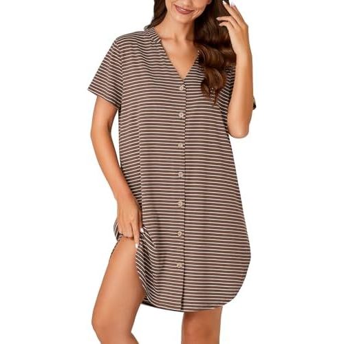 Vrtige Women's Cotton Striped Nightshirt Notch V Neck Short Sleeve Button Down Nightdress Nightgown