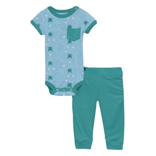 Print Short Sleeve Pocket One Piece & Pants Outfit Set in Seaside Blue Frogs & Flies