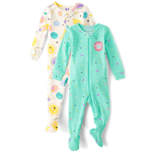 Baby And Toddler Girls Space Snug Fit Cotton Footed One Piece Pajamas 2-Pack - Icelandic