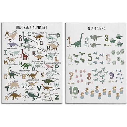 HRQKO Dinosaur Alphabet Numbers Canvas Wall Art Set of 2, Dinosaur Nursery Framed Art, Kids Room Decor, ABC Numbers Learning Posters Wall Decor for Classroom Toddler Kids Bedroom Playroom, 11x14 inch