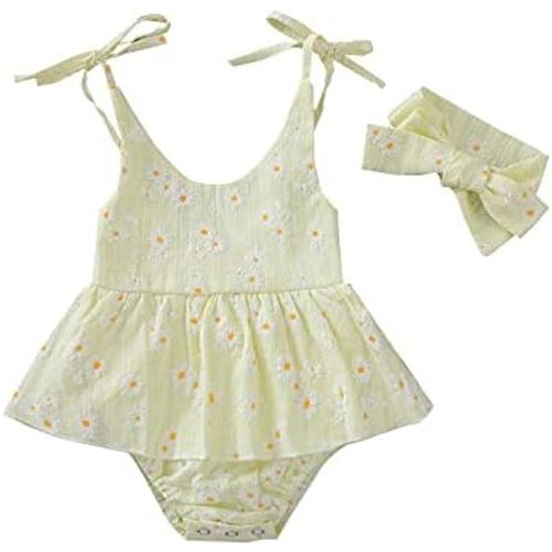 Baby Girls Daisy Playsuits Bodysuit+Headband Print Halter Romper Floral Jumpsuit Infant Onesie Summer Clothes