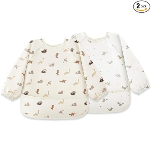 Susurration Long Sleeve Bib for Babies & Toddlers Waterproof Bibs 2 Pack Reusable Feeding Bibs with Sleeves with Food Pocket, 6-36 Months Baby Eating Essentials - Brown Dinosaur