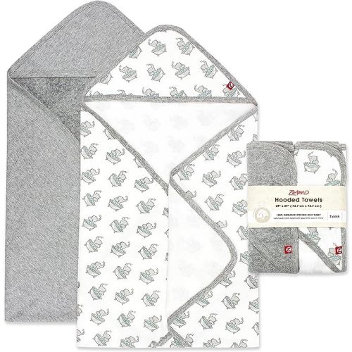 Zutano Hooded Baby Towels, Organic Cotton Baby Bath Towel, Ultra Soft and Absorbent Baby Towel for Newborn and Infant | Girl, Boy, and Unisex Towel Set, Elephant Bath Time, 2-Pack