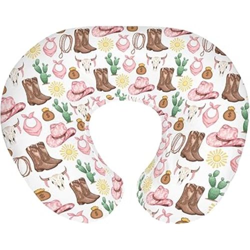 Pink Western Cowgirl Baby Nursing Pillow Covers for Girl Cowgirls Boots Hat Horse Cactus Sun Cow Skulls Nursery Slipcover for Breastfeeding Pillows Wild West Soft Stretchy Cover for Newborn Infant