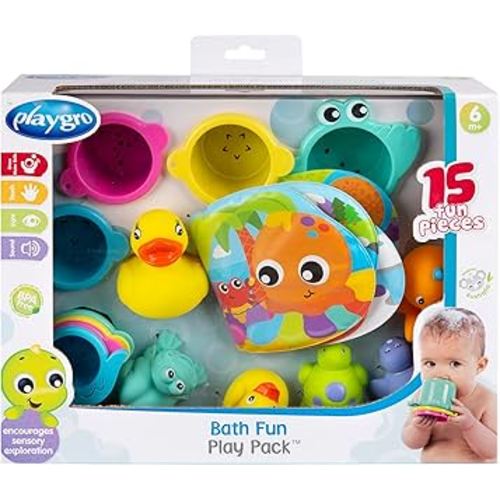 Playgro Splash & Play Bath Set - 15-Piece Baby Bath Time Fun with Stacking Cups, Waterproof Book, Squirties, Mesh Bag, and Bath Duckie - Toddler Bath Toys for Engaging Bathtime Adventures!
