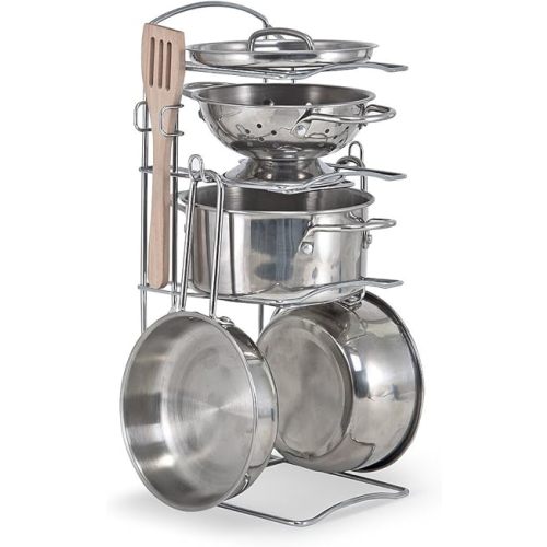 Melissa & Doug Stainless Steel Pots and Pans Pretend Play Kitchen Set for Kids (8 pcs) - Kids Kitchen Accessories Set, Toy Pots And Pans For Kids Kitchen, Cooking Toys For Kids Ages 3+