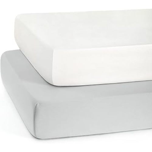 TILLYOU Baby Crib Sheets for Boys Girls, Fitted Crib Sheet 2 Pack for Standard Crib and Toddler Mattresses, Super Soft Toddler Bed Sheets, 28"x52"x8", White & Gray