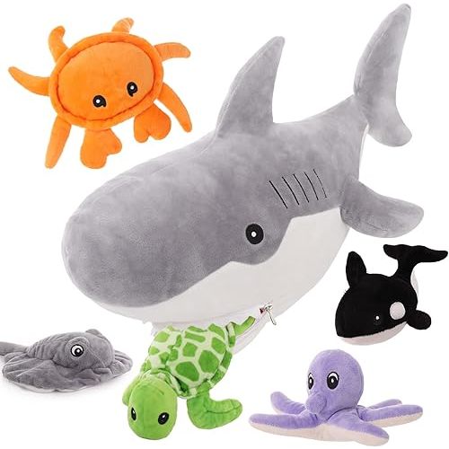 Muiteiur 23-Inch Plush Great White Shark with 5 Piece Soft Stuffed Sea Animals Includes Stuffed Octopus, Crab, Turtle, Stingray, and Killer Whale, Gift for Girlfriend Kids
