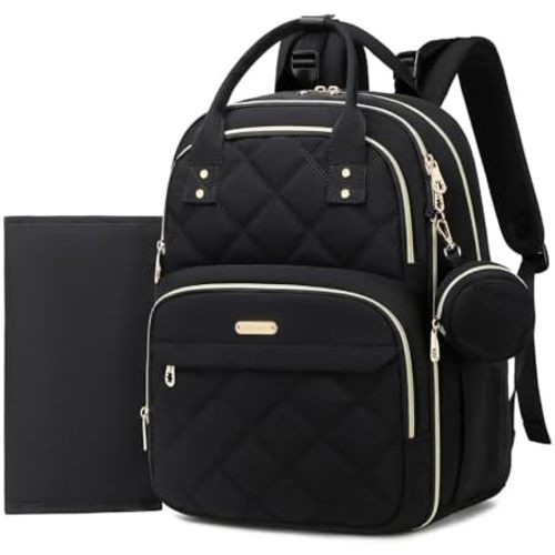 Diaper Bag Backpack with Changing Pad & Pacifier Case, Large Waterproof Travel Essential Baby Diaper Tote for Boys & Girls, Quilted Maternity Moms Backpack with 3 Insulated Pocket, Black