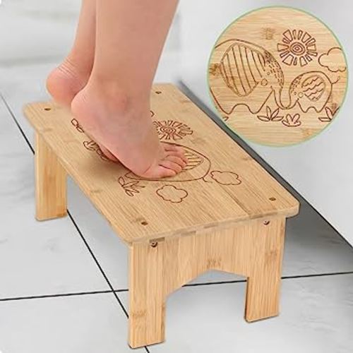 TrueYee Step Stools for Kids, Wooden Cute Toddler Step Stool with Non-Slip Cartoon Drawing Kids Step Stool Multipurpose Toddler Step Stool for Kitchen, Bathroom, or Bedside