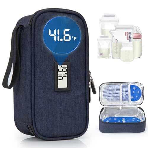 DawnBox Breast Milk Cooler Travel Bag with Real-Time Temp Display - Holds 20oz Breastmilk Storage Bag & Cooling, Portable Breast Milk Cooler Bags with 2 Ice Packs for Breastmilk Storage（Blue）