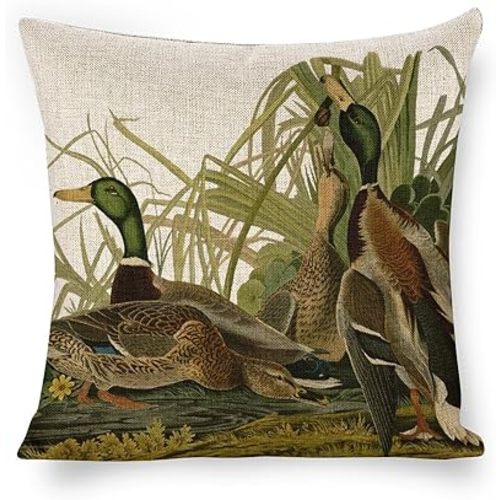 Mallard Ducks Linen Throw Pillow Covers Farmhouse 18x18 Double Sided with Zipper Decorative Pillows for Couch Cushion Sofa Outdoor