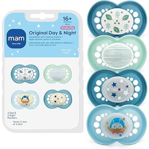 MAM Original Baby Pacifiers 16+ Months, Binky for Newborn Babies, BPA-Free Skin Soft Silicone Nipple, Glows in The Dark, Developed with Medical Experts, 4 Count, Made in Europe