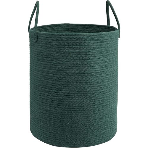 Woven Cotton Rope Laundry basket-15”X20” Laundry Hamper-Rope Storage Basket for Dirty Clothes, Toys and Blankets Perfect for Bathroom, Baby nursery and Living Room Storage (dark green)