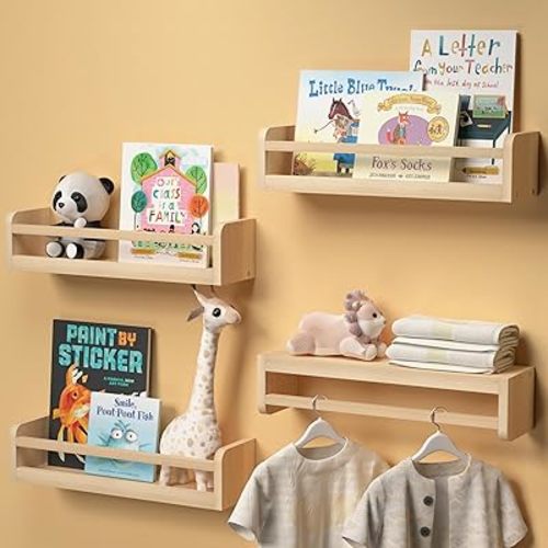 Dual-Guard Nursery Book Shelves Set of 4, Floating Shelves for Nursery Room Wall Decor, Wall Mount Kids Bookshelf for Baby Bedroom Storage, Toddler Toy Hanging Wall Organizer - Natural Wood
