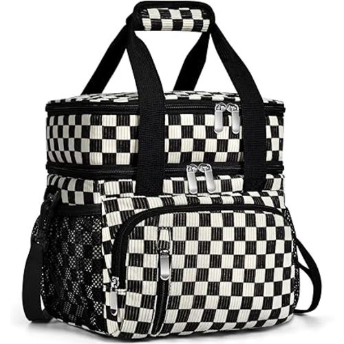 Insulated Lunch Bag for Women, Double Leakproof Lunch Box Soft Cooler Tote with 5 Pockets, 600D Oxford, EVA Lining, Adjustable Strap for Work, Picnic, Beach&Travel- Corduroy Black Checkered