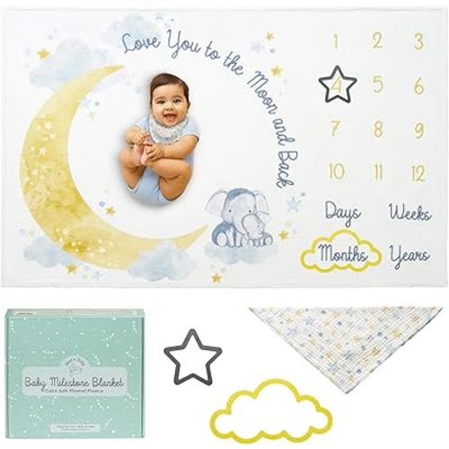 Bliss n' Baby Monthly Milestone Blanket for Baby Boys & Girls - 60"x40" - Wrinkle Free Moon and Stars Elephant Blanket with Growth Chart - Washable & Dryable - w/Frames & Cotton Bib - Space Theme Gift